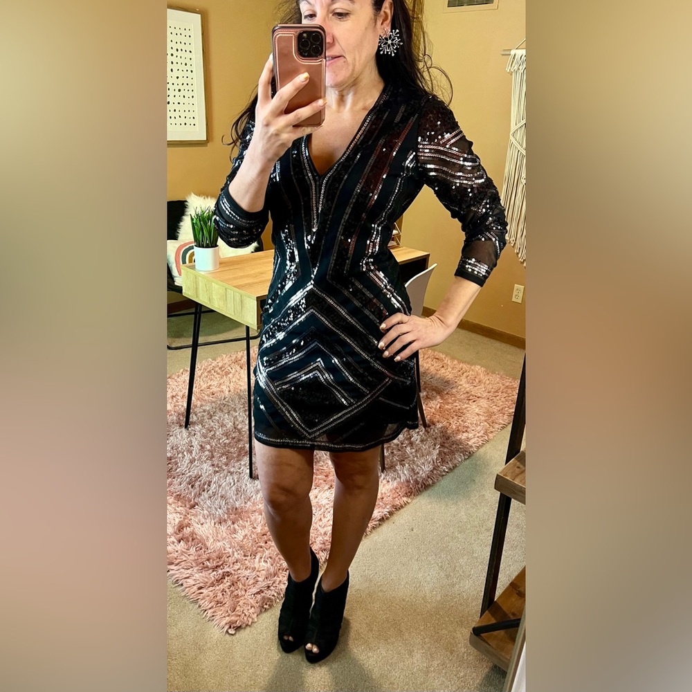 Express Holiday New Years Black Sequin Long Sleeve Party Dress size L